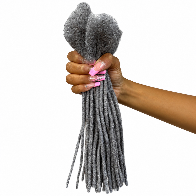 Extensions de Locks Poivre et Sel 100% Naturelles – Finition Arrondie | Dreadlocks Grises Cheveux Humains